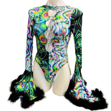 Load image into Gallery viewer, OOAK | Aria Cut-Out Cascade Bell Sleeve Bodysuit with Fluff and Chain Detail