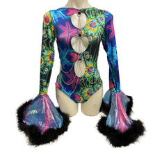 Load image into Gallery viewer, Ready to Ship | Size LARGE | Aria Cut-Out Cascade Bell Sleeve Bodysuit with Fluff and Chain Detail