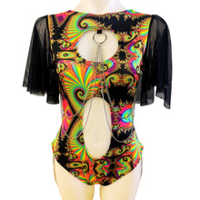 Load image into Gallery viewer, JUBILEE | Aria Cut-Out Flutter Sleeve Bodysuit In Black  Mesh and Chain Detail