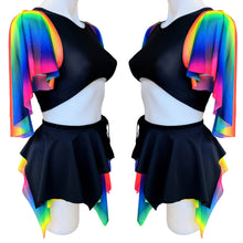 Load image into Gallery viewer, RAINBOW PRIDE | Underboob Sporty Crop Top, Women's Festival Top, Rave Top Mesh Rainbow Butterfly sleeves
