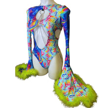 Load image into Gallery viewer, Rainbow Swirl   | Aria Cut-Out Cascade Bell Sleeve Bodysuit with Fluff and Chain Detail