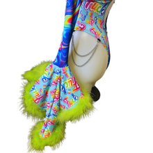 Load image into Gallery viewer, Rainbow Swirl   | Aria Cut-Out Cascade Bell Sleeve Bodysuit with Fluff and Chain Detail