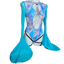 Load image into Gallery viewer, LIQUID WAVE | Aria Cut-Out Cascade Bell Sleeve Bodysuit  Mesh, Chain Detail and Leg Ties