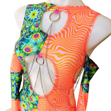 Load image into Gallery viewer, Ready to Ship | Size Small | Aria Cut-Out Cascade Bell Sleeve Bodysuit | Fluff Cascade cut out Sleeves | Leg Ties | Chain Detail