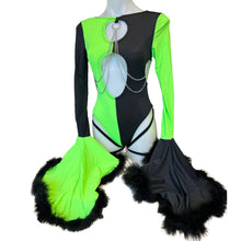 Load image into Gallery viewer, SHEGO  | Aria Cut-Out Cascade Bell Sleeve Bodysuit with Fluff and Chain Detail | Leg Wraps | Black + Green