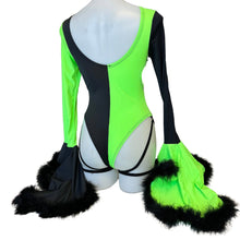 Load image into Gallery viewer, SHEGO  | Aria Cut-Out Cascade Bell Sleeve Bodysuit with Fluff and Chain Detail | Leg Wraps | Black + Green