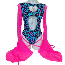 Load image into Gallery viewer, BLUE CHEETAH | Aria Cut-Out Cascade Bell Sleeve Bodysuit  Mesh, Chain Detail and Leg Ties