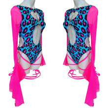 Load image into Gallery viewer, BLUE CHEETAH | Aria Cut-Out Cascade Bell Sleeve Bodysuit  Mesh, Chain Detail and Leg Ties