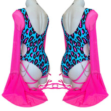 Load image into Gallery viewer, BLUE CHEETAH | Aria Cut-Out Cascade Bell Sleeve Bodysuit  Mesh, Chain Detail and Leg Ties