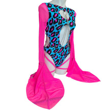 Load image into Gallery viewer, BLUE CHEETAH | Aria Cut-Out Cascade Bell Sleeve Bodysuit  Mesh, Chain Detail and Leg Ties