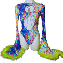 Load image into Gallery viewer, Rainbow Swirl   | Aria Cut-Out Cascade Bell Sleeve Bodysuit with Fluff and Chain Detail