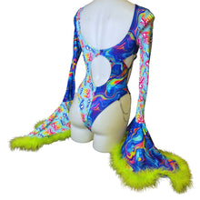 Load image into Gallery viewer, Rainbow Swirl   | Aria Cut-Out Cascade Bell Sleeve Bodysuit with Fluff and Chain Detail
