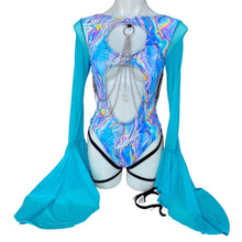 Load image into Gallery viewer, LIQUID WAVE | Aria Cut-Out Cascade Bell Sleeve Bodysuit  Mesh, Chain Detail and Leg Ties
