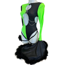 Load image into Gallery viewer, SHEGO  | Aria Cut-Out Cascade Bell Sleeve Bodysuit with Fluff and Chain Detail | Leg Wraps | Black + Green