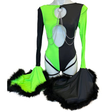 Load image into Gallery viewer, SHEGO  | Aria Cut-Out Cascade Bell Sleeve Bodysuit with Fluff and Chain Detail | Leg Wraps | Black + Green