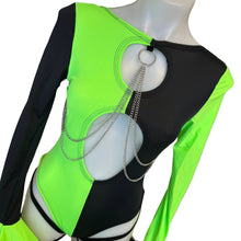Load image into Gallery viewer, SHEGO  | Aria Cut-Out Cascade Bell Sleeve Bodysuit with Fluff and Chain Detail | Leg Wraps | Black + Green