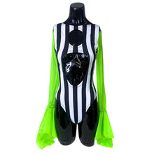 Load image into Gallery viewer, GRAVE DIGGER | Aria Cut-Out Neon Green Mesh Sleeve Bodysuit, Rave Outfit, Beetlejuice, Halloween, Festival Outfit, Black Stripes