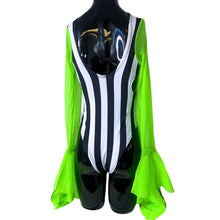 Load image into Gallery viewer, GRAVE DIGGER | Aria Cut-Out Neon Green Mesh Sleeve Bodysuit, Rave Outfit, Beetlejuice, Halloween, Festival Outfit, Black Stripes