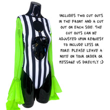 Load image into Gallery viewer, GRAVE DIGGER | Aria Cut-Out Neon Green Mesh Sleeve Bodysuit, Rave Outfit, Beetlejuice, Halloween, Festival Outfit, Black Stripes