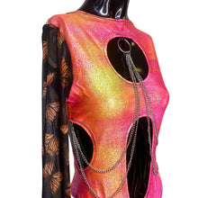 Load image into Gallery viewer, BUTTERFLY BESTIE | Aria Cut-Out Butterfly Mesh Sleeve Bodysuit, Rave Outfit, Cute, Sparkly, Festival Outfit, Pink Yellow, Fairy Vibes