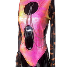 Load image into Gallery viewer, BUTTERFLY BESTIE | Aria Cut-Out Butterfly Mesh Sleeve Bodysuit, Rave Outfit, Cute, Sparkly, Festival Outfit, Pink Yellow, Fairy Vibes