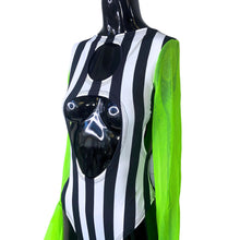Load image into Gallery viewer, GRAVE DIGGER | Aria Cut-Out Neon Green Mesh Sleeve Bodysuit, Rave Outfit, Beetlejuice, Halloween, Festival Outfit, Black Stripes