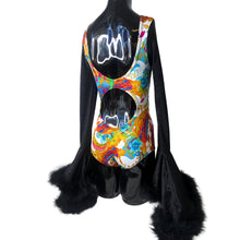 Load image into Gallery viewer, PAISLEY DREAM | Cut-Out, Cascade Bell Sleeve Bodysuit with Fluff, Women's Rave Outfit, Floral, Rave Bae, White Rave, Festival, Glitter