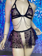 Load image into Gallery viewer, STARS | Chain Cage Top + Sheer Ultra Mini Buckle Skirt, Women's Festival Outfit, Rave Set