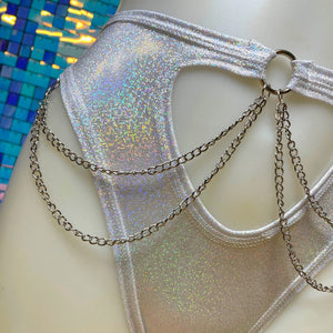 COSMIC | High Waisted High Cut Chain Bottoms wit cut out, Festival Bottoms, Rave Bottoms, Black Rave Outfit