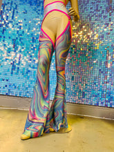 Load image into Gallery viewer, COSMIC SWIRL | Flair Bell Bottom Mesh Garter Belt Chaps Festival Bottoms, Rave Pants, Yoga Pants