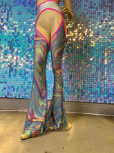 Load image into Gallery viewer, COSMIC SWIRL | Flair Bell Bottom Mesh Garter Belt Chaps Festival Bottoms, Rave Pants, Yoga Pants