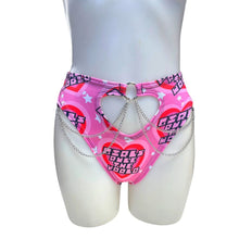 Load image into Gallery viewer, GIRLS RULE | High Waisted High Cut Chain Bottoms wit cut out, Festival Bottoms, Rave Bottoms, Black Rave Outfit