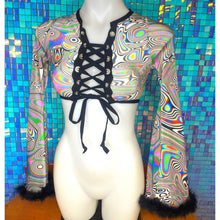 Load image into Gallery viewer, LUCID DREAMS | Front Tie Crop Top with Bell sleeves Women's Festival Top, Rave Top