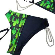 Load image into Gallery viewer, ALL THE SLIME  | Mismatch Triangle Chain Top + High Waisted High Cut Chain Bottoms with Leg Wrap, Women's Festival Outfit, Rave Set