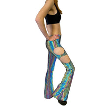 Load image into Gallery viewer, SLITHER FLARES| Cut Out Reflective Flare Bell Bottom Pants, Festival Bottoms, Rave Pants, Yoga Pants