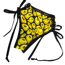 Load image into Gallery viewer, YELLOW SMILES | High Waisted High Cut Side Tie Bottoms, Festival Bottoms, Rave Bottoms, Black Rave Outfit