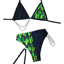 Load image into Gallery viewer, ALL THE SLIME  | Mismatch Triangle Chain Top + High Waisted High Cut Chain Bottoms with Leg Wrap, Women's Festival Outfit, Rave Set