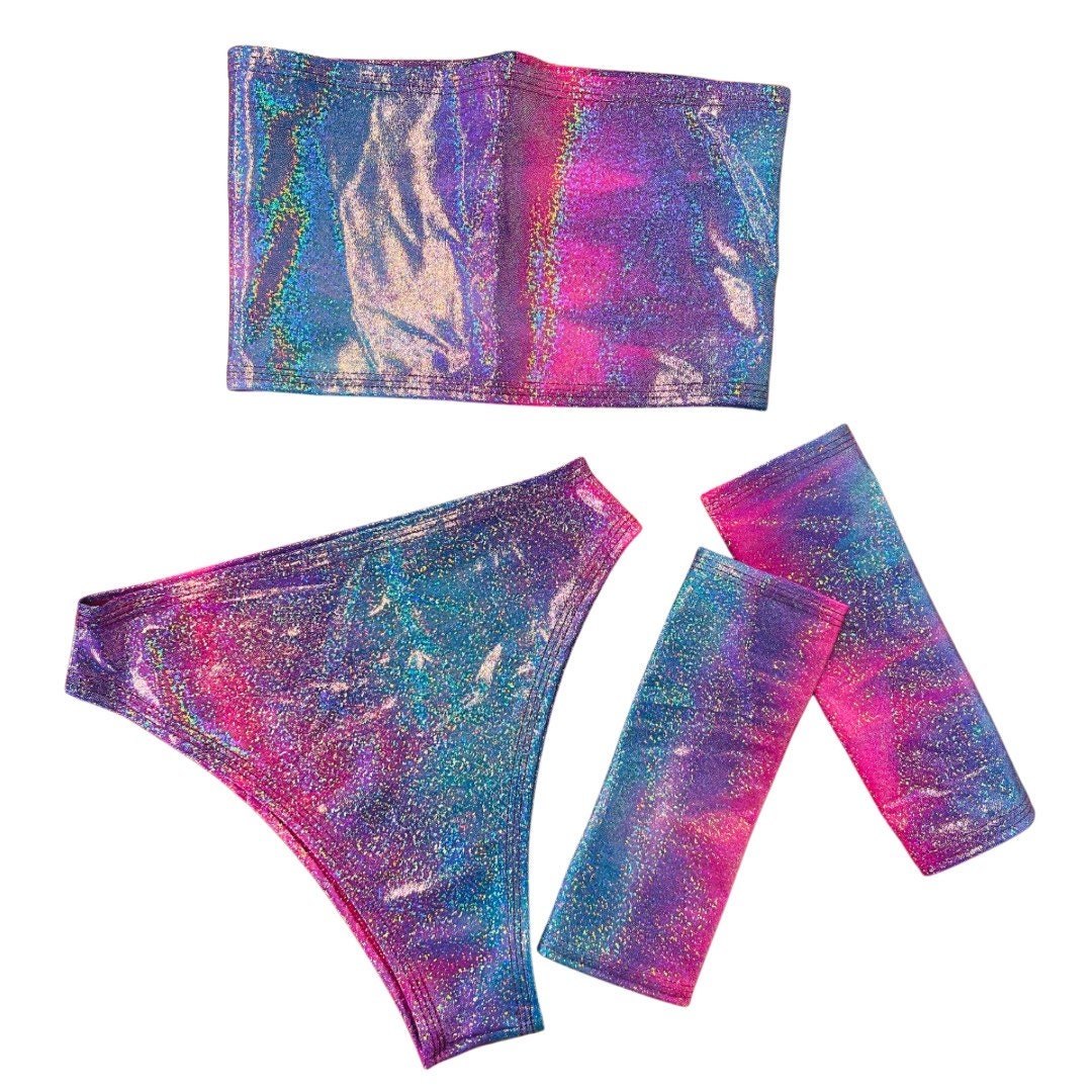FESTIE BESTIE  Pink/Blue Holographic High Waisted High Cut Bottoms, F –  The Lyte Couture