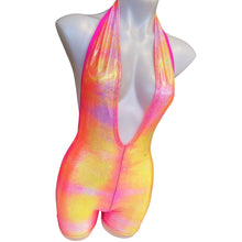 Load image into Gallery viewer, FESTIE BESTIE | Pink/Orange Holographic Playsuit | Halter Romper | Festival Outfit | Rave Jumpsuit | Boho