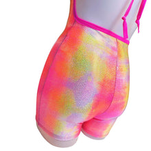 Load image into Gallery viewer, FESTIE BESTIE | Pink/Orange Holographic Playsuit | Halter Romper | Festival Outfit | Rave Jumpsuit | Boho