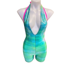 Load image into Gallery viewer, FESTIE BESTIE | Seafoam  Holographic Playsuit | Halter Romper | Festival Outfit | Rave Jumpsuit | Boho
