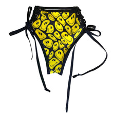 Load image into Gallery viewer, YELLOW SMILES | High Waisted High Cut Side Tie Bottoms, Festival Bottoms, Rave Bottoms, Black Rave Outfit