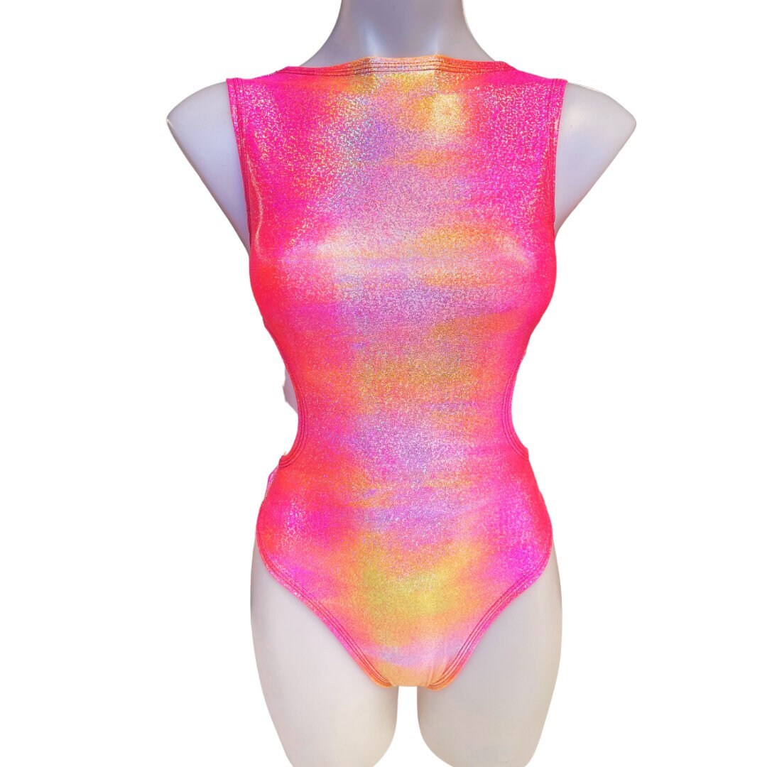 FESTIE BESTIE | Pink/Orange Holographic Aria Cut-Out Bodysuit 