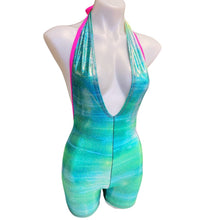 Load image into Gallery viewer, FESTIE BESTIE | Seafoam  Holographic Playsuit | Halter Romper | Festival Outfit | Rave Jumpsuit | Boho