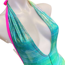 Load image into Gallery viewer, FESTIE BESTIE | Seafoam  Holographic Playsuit | Halter Romper | Festival Outfit | Rave Jumpsuit | Boho