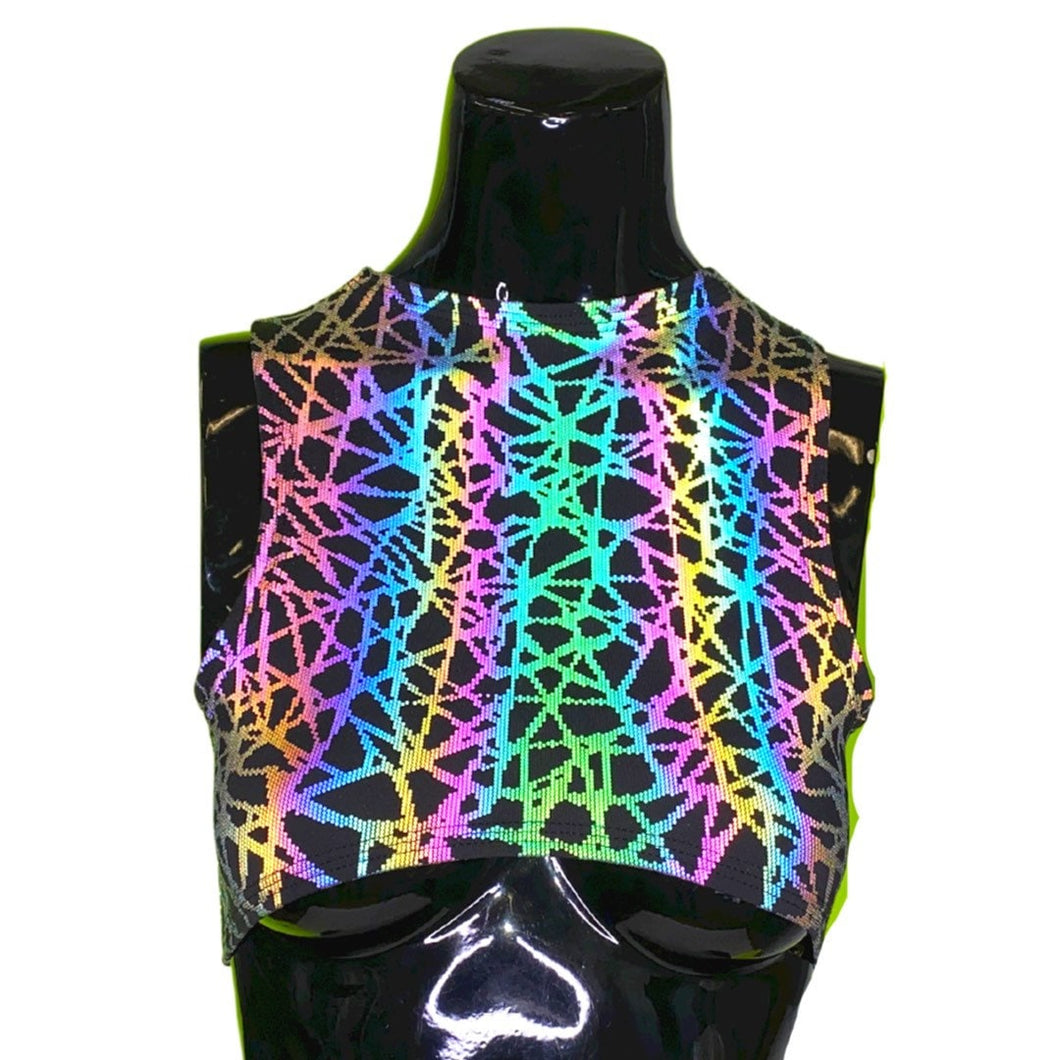RAINBOW STATIC | REFLECTIVE | Underboob Sporty Crop Top, Women's Festival Top, Rave Top