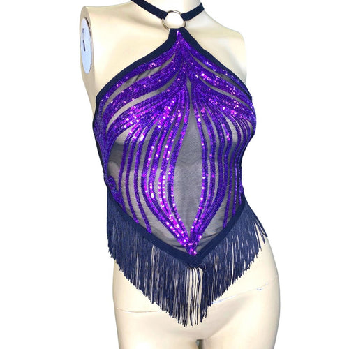 READY TO SHIP | Dark Purple Sequin Sheer Oring Halter Top with Black Fringe Size XSmall / Small