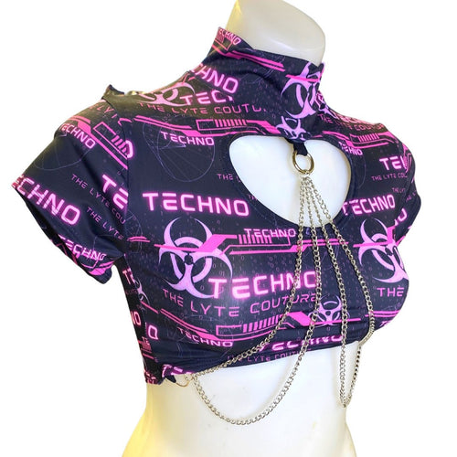 PINK TECHNO  | Underboob Mock Neck Crop Top With Cut out and Chain, Women's Festival Top, Rave Top