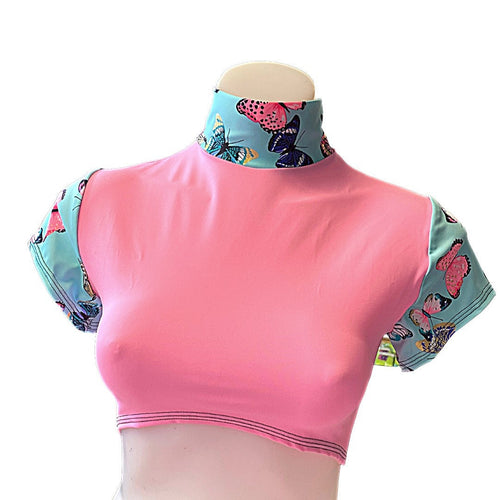 PINK BUTTERFLY | Underboob Mock Neck Crop Top, Women's Festival Top, Rave Top