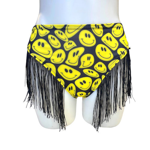 YELLOW Happy  | Fringe High Waisted High Cut Bottoms, Festival Bottoms, Rave Bottoms, Black Rave Outfit
